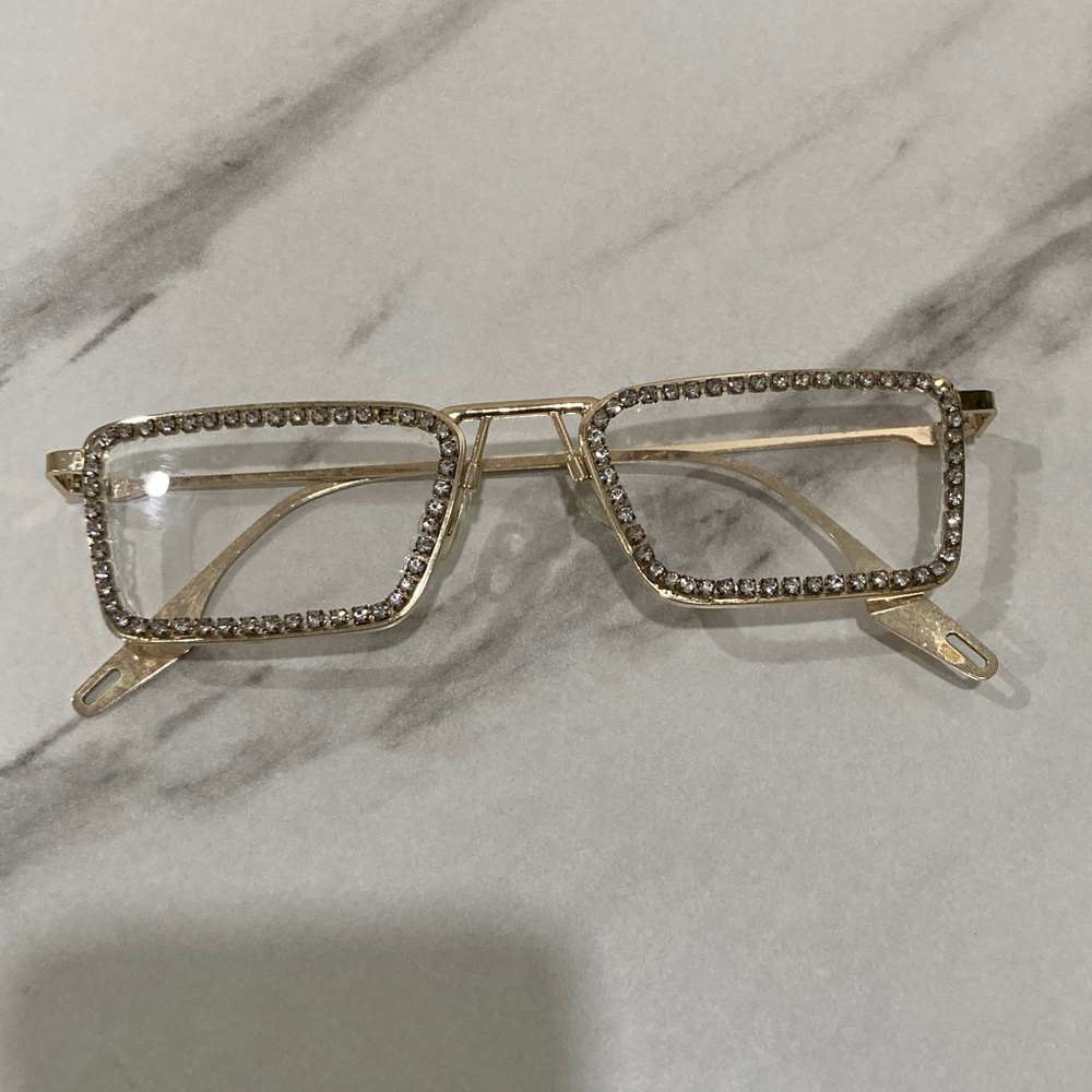 Gold Rhinestone Rectangle Frame Fashion Glasses